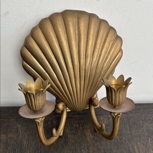 Vintage Andrea By Sadek scallop shell sconce,2 floral candle holders, brass, 7”